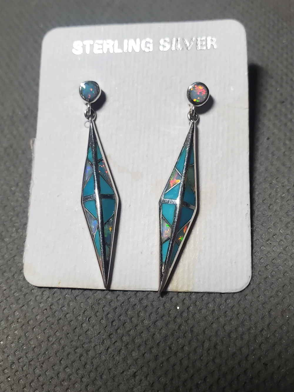 Native Alvin Vandever Sterling Silver Turquoise Fire Opal Inlay Dangle Earrings